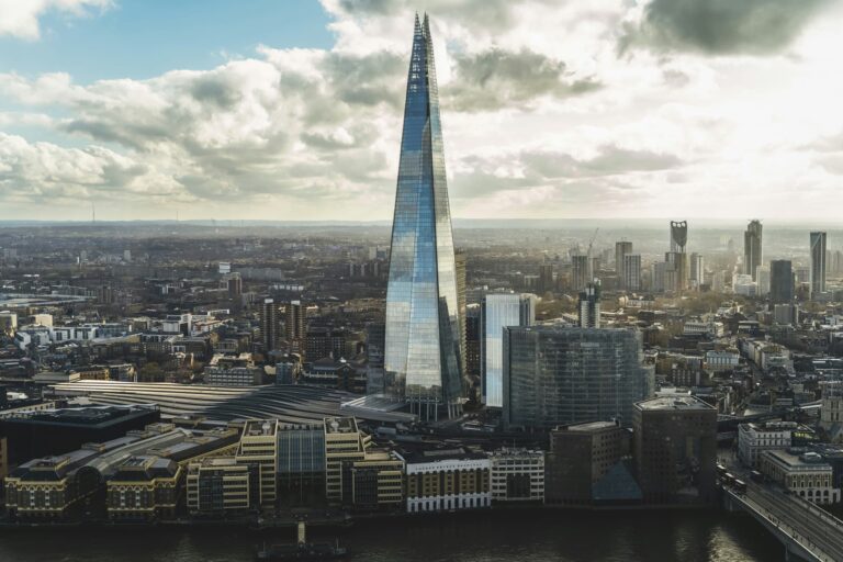 The Shard on London skyline by the Thames river